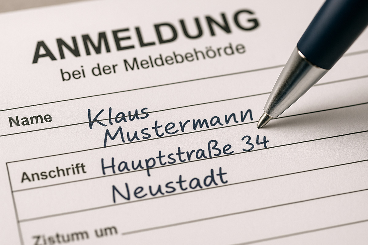 Auf dem Bild ist ein Anmeldeformular bei der Meldebehörde zu sehen. Der obere Teil des Formulars zeigt die gedruckten Wörter „ANMELDUNG bei der Meldebehörde“. Darunter sind die Felder „Name“ und „Anschrift“ ausgefüllt. In blauer Handschrift steht dort der Name „Klaus Mustermann“ sowie die Adresse „Hauptstraße 34, Neustadt“. Am rechten Bildrand befindet sich eine Stiftspitze, die gerade dabei ist, das Formular auszufüllen.